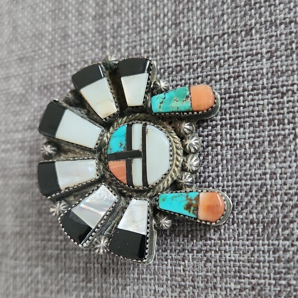 Cool Vintage Native American Zuni Gemstone Inlay Headdress Brooch 💙♥️🎁